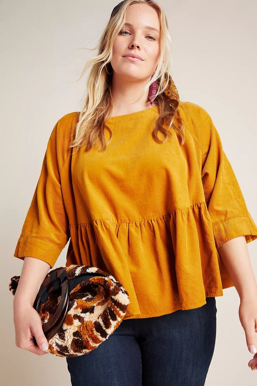 Maeve Anthropologie Maria Corduroy Babydoll Button Back Blouse Size Medium